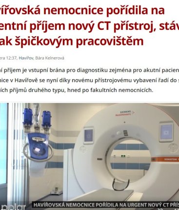 Havířovská nemocnice pořídila na urgentní příjem nový CT přístroj, stává se tak špičkovým pracovištěm